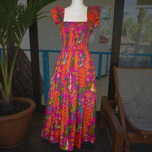 Live 4 Truth Womens Medium Smocked Maxi Dress Pink Floral Tropical Ruffle Resort